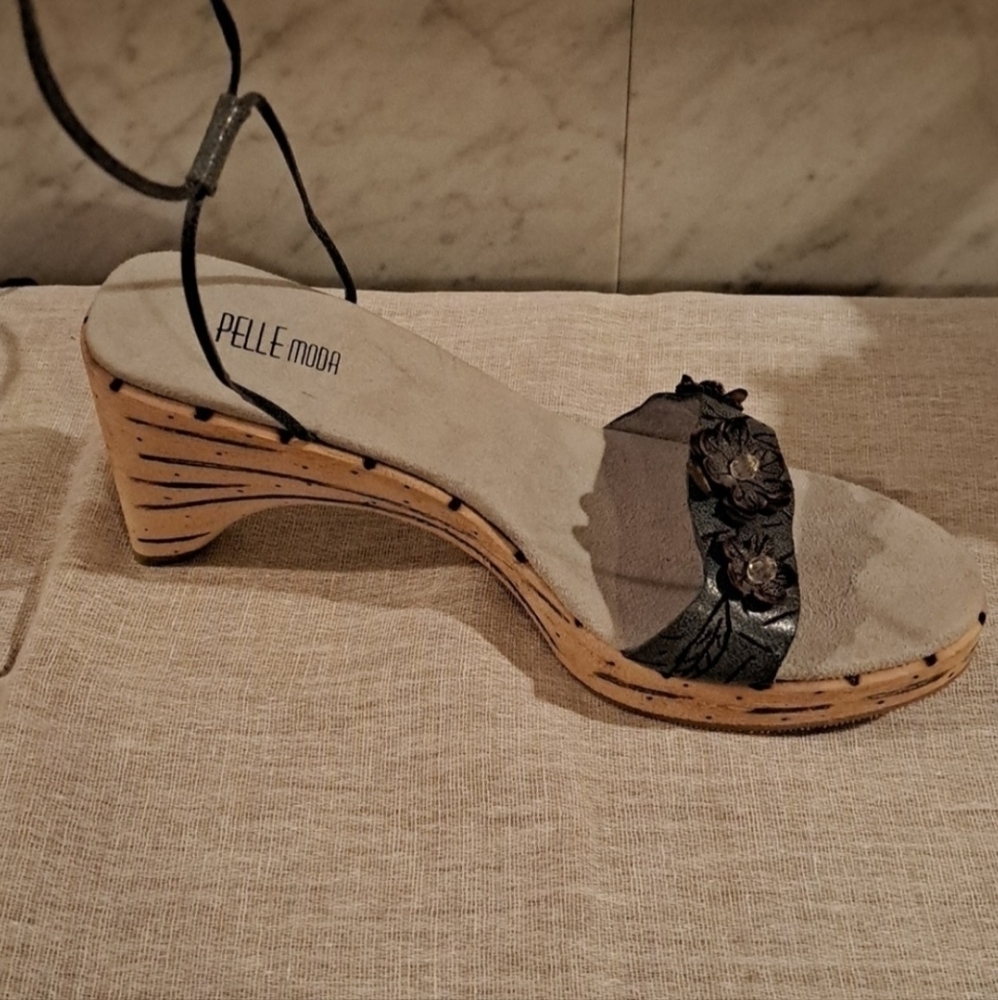 Pelle Moda Grayish Teal Wooden Sole Wedge Ankle Strap Leather Sandals